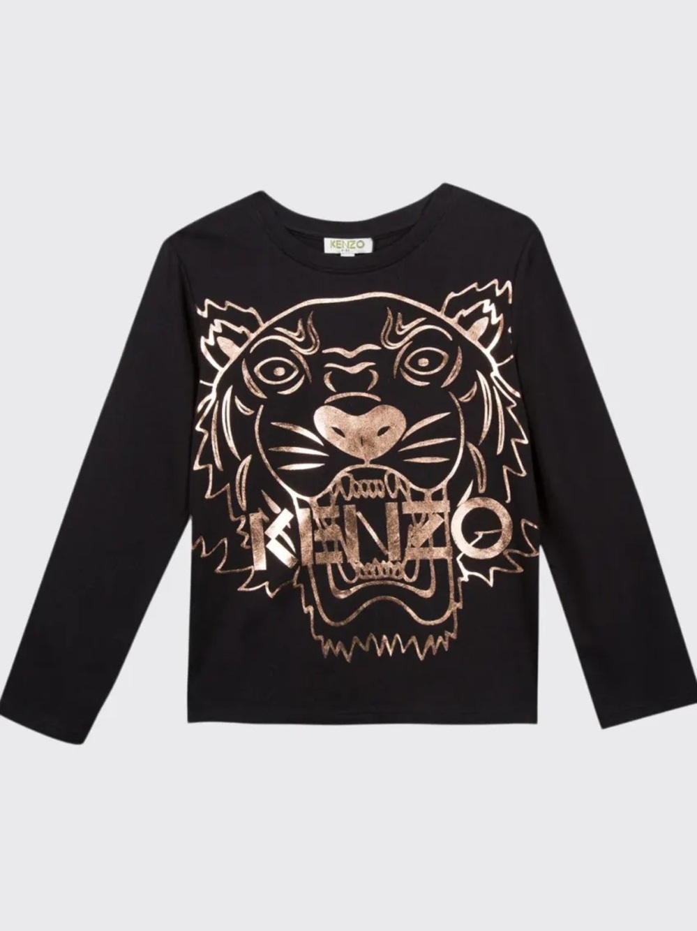 Kenzo Black Long-Sleeve TIGER Tee with Metallic Rose Gold Tiger Graphic